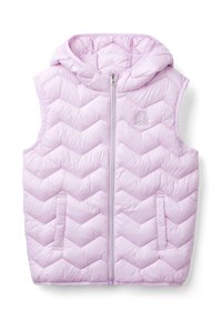 Hellblau ärmellose Steppweste mit Kapuze, mit einem Zickzackmuster, Front-Reißverschluss und zwei Seitentaschen. Gesticktes Logo auf der Brust.