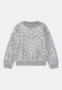 Felpa grigia con un motivo leopardato lucido, caratterizzata da polsini e orlo a costine. Il logo "Guess" è ricamato al centro.