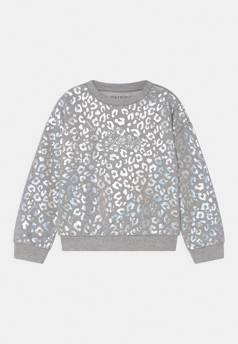 Felpa grigia con un motivo leopardato lucido, caratterizzata da polsini e orlo a costine. Il logo "Guess" è ricamato al centro.