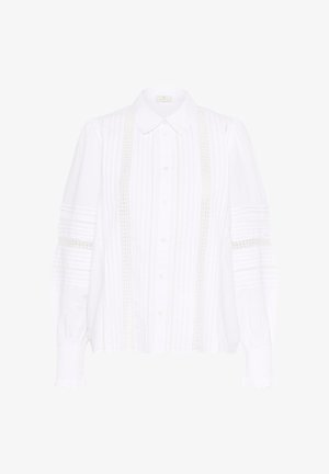 Witte blouse met lange mouwen, knoopsluiting aan de voorkant, verticale kanten strepen, pintuck-details op de mouwen en een klassieke puntige kraag.