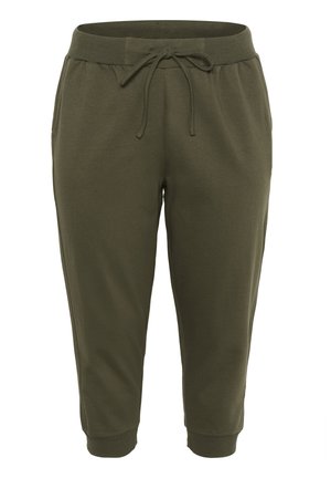 Olīvu zaļas sporta bikses, izgatavotas no mīksta auduma, ar elastīgu jostasvīru un auklu, sānu kabatām un sašaurinātiem apakšmalām.