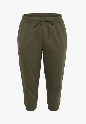 Pantalones de chándal verde oliva hechos de tela suave, con una cinturilla elástica y cordón, bolsillos laterales y puños acampanados.