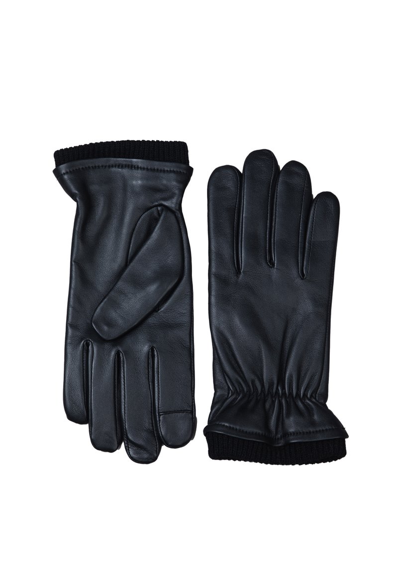 Black leather gloves with a ribbed knit cuff. Features a smooth texture, five-finger design, and gathered elastic at the wrist for snug fit.