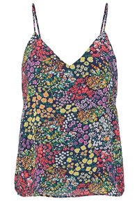 Haut camisole sans manches à col en V avec fines bretelles, présentant un motif floral dense et multicolore sur fond sombre.