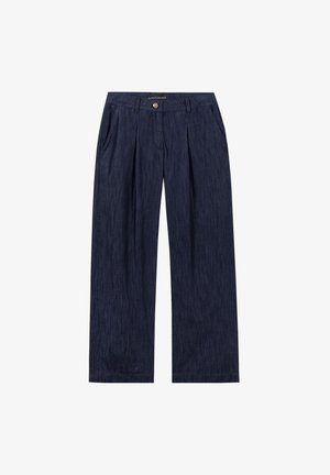 Dark blue wide-leg trousers made of a soft, textured fabric. Features front pockets, a button closure, and subtle pleats at the waist.