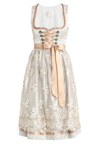 Robe traditionnelle dirndl avec un corsage blanc, un devant lacé et une jupe crème ornée de broderies florales complexes. Comprend une ceinture en satin.
