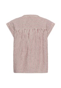 Blouse à manches courtes avec rayures horizontales sur le haut du dos et rayures verticales en dessous, dans des couleurs rouge pâle et blanc cassé.