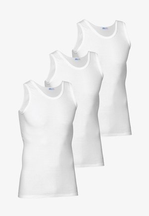 Drei weiße Baumwoll-Tanktops mit rundem Ausschnitt und breiten Trägern, ausgestattet mit glatter Textur und minimalen Nahtdetails.