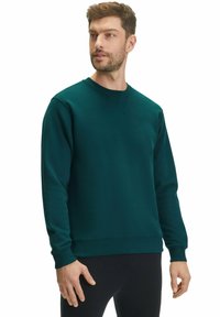 Felpa verde scuro in misto cotone, con collo a giro e maniche lunghe, polsini a coste e un logo del marchio discreto sul petto.