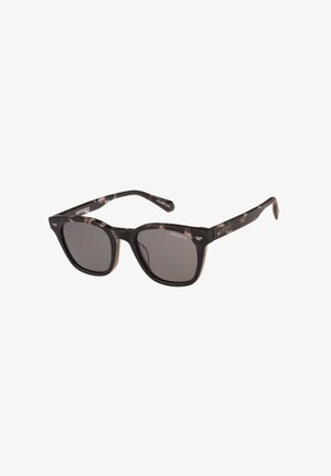 Schwarze rechteckige Sonnenbrille mit Schildpattmuster, dunklen Gläsern und Superdry-Logo am Bügel und an den Gläsern.
