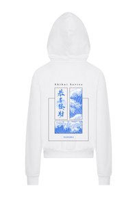 White hoodie featuring a blue graphic design on the back, including wave patterns and Japanese text, with a relaxed fit and hood.
