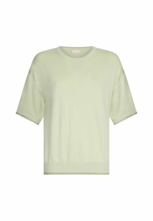 Lysegrøn strikket kortærmet sweater med rund hals og kontrastgrønne kanter ved ærmer og nederste del. Blød tekstur og afslappet pasform.