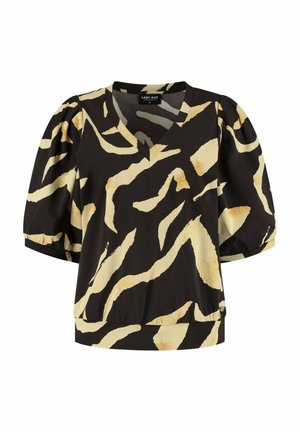 Zwarte blouse met beige abstract penseelstreekpatroon, V-hals, opgeblazen korte mouwen en aangesloten zoom, maat small.