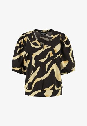 Zwarte blouse met beige abstract penseelstreekpatroon, V-hals, opgeblazen korte mouwen en aangesloten zoom, maat small.