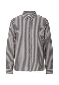 Camicia a righe con maniche lunghe, realizzata in tessuto leggero, con strisce verticali grigie e crema, dotata di colletto classico e chiusura con bottoni.