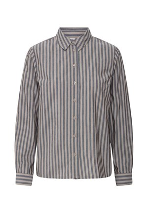 Camicia a righe con maniche lunghe, realizzata in tessuto leggero, con strisce verticali grigie e crema, dotata di colletto classico e chiusura con bottoni.
