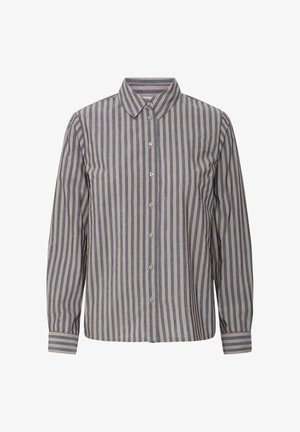 Camicia a righe con maniche lunghe, realizzata in tessuto leggero, con strisce verticali grigie e crema, dotata di colletto classico e chiusura con bottoni.
