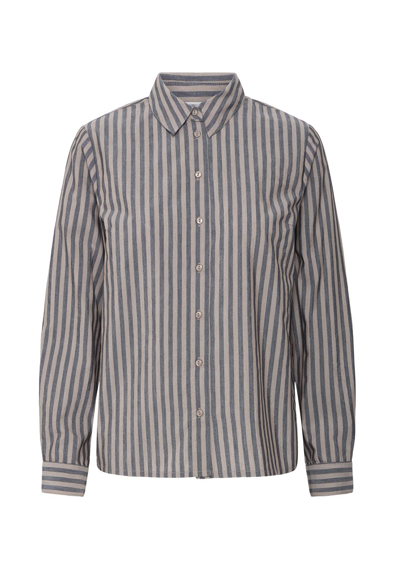 Camicia a righe con maniche lunghe, realizzata in tessuto leggero, con strisce verticali grigie e crema, dotata di colletto classico e chiusura con bottoni.