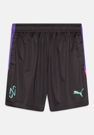 Black athletic shorts with a soft, smooth texture. Features purple and pink side accents and a light blue logo on the front.