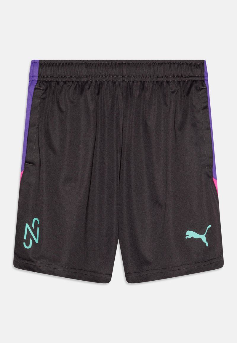 Calções de athletic pretos com uma textura macia e suave. Apresentam detalhes laterais em roxo e rosa e um logótipo azul claro na frente.