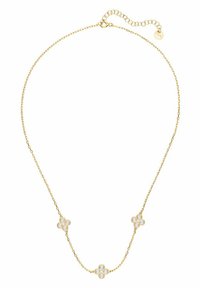 Gold chain necklace featuring three floral charms with clear stone accents, delicate design, and an adjustable length with a lobster clasp.
