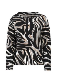 Black sweatshirt with a swirling abstract pattern in beige, white, and gray. Features a relaxed fit, long sleeves, and a drawstring hood.