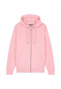 Felpa con zip rosa realizzata in tessuto morbido, dotata di cappuccio, due tasche anteriori, polsini a coste e un'etichetta con logo all'interno del colletto.