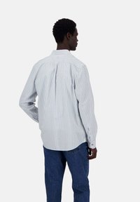 Camicia a maniche lunghe a righe blu chiaro e bianco con colletto appuntito, piega sul retro e polsini con bottoni, indossata con jeans blu.