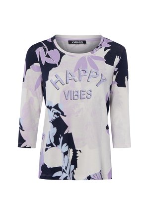Langärmliges Blumenhemd mit violetten und schwarzen Blättern und Blumen, mit dem Text "HAPPY VIBES" auf der Vorderseite.