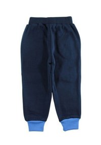 Pantalon de jogging bleu marine en tissu doux, avec une taille élastique et des poignets bleu clair à l'ourlet. Conçu pour le confort et la liberté de mouvement.