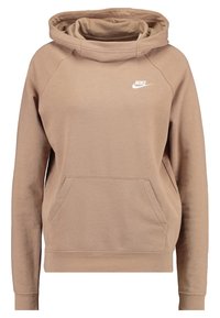 Hnědá mikina s vysokým límcem, dlouhými raglánovými rukávy a přední klokaní kapsou. Na hrudi je bílý logo Nike. Měkká textilie.