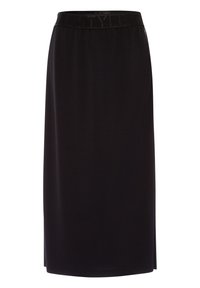 Zwarte katoenen midirok met een zachte textuur, voorzien van een brede elastische tailleband waarop het woord "STYLE" staat. Licht zijsplit voor meer bewegingsvrijheid.