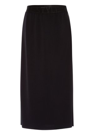 Zwarte katoenen midirok met een zachte textuur, voorzien van een brede elastische tailleband waarop het woord "STYLE" staat. Licht zijsplit voor meer bewegingsvrijheid.