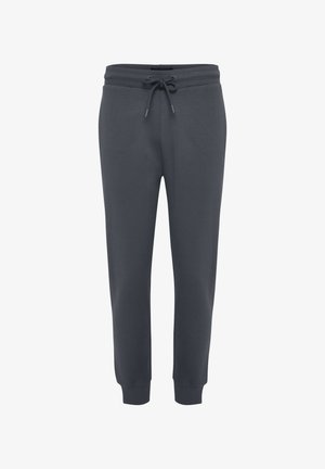 Dark gray sweatpants in soft fabric; tapered fit with elastic waistband and drawstring; ribbed cuffs at ankles. No pockets.