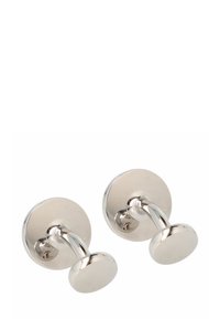 Boutons de manchette en métal argenté avec une base ronde plate et un tige incurvée. Surface lisse et polie avec un design minimaliste.