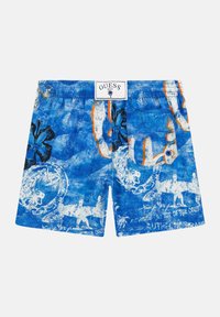 Costume da bagno blu con motivo, dotato di cintura con cordino, tasca posteriore e grafiche bianche raffiguranti palme e motivi tropicali.