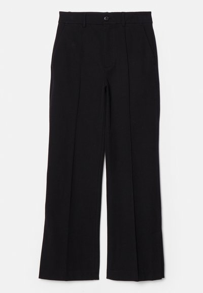 Black trousers with a flat front, straight legs, and pockets. Made from a soft fabric, featuring a single button closure and belt loops.
