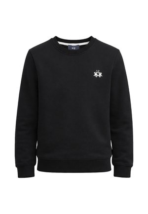 Felpa nera a maniche lunghe con scollo tondo, polsini e orlo a costine, con un piccolo logo bianco sul petto sinistro.