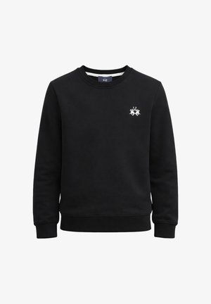 Felpa nera a maniche lunghe con scollo tondo, polsini e orlo a costine, con un piccolo logo bianco sul petto sinistro.