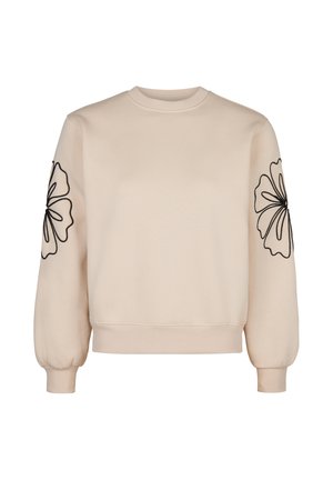 Lichtbeige sweatshirt met lange mouwen, met zwarte bloemenborduursels op elke mouw. Klassieke ronde halslijn en geribbelde manchetten.