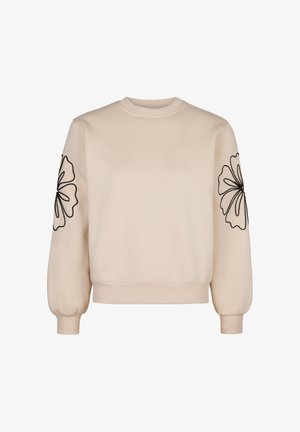 Lichtbeige sweatshirt met lange mouwen, met zwarte bloemenborduursels op elke mouw. Klassieke ronde halslijn en geribbelde manchetten.