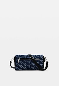 Borsa a tracolla in tessuto blu navy con un design a motivo, dotata di chiusura con zip e una tracolla nera regolabile. Decorazioni in metallo argentato.