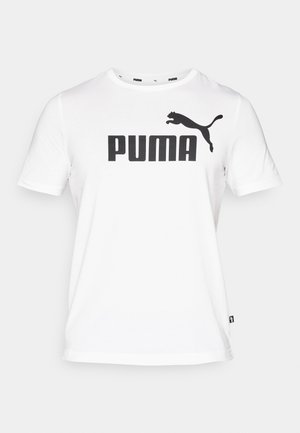 T-shirt in cotone bianco con un grande logo nero "PUMA" e una silhouette di puma nera sulla spalla sinistra. Maniche corte, colletto a girocollo.