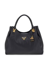 Musta nahkalaukku, jossa on kaksi kahvaa, kultasävyiset metalliosat ja etuosassa kolmiomainen Guess-logo, johon on kiinnitetty koristehihnoja.