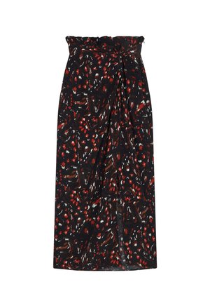 Fustă neagră cu un model floral multicolor în nuanțe de roșu, alb și brun. Prezintă o talie strânsă și o siluetă dreaptă.