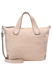 Beżowa skórzana torba na ramię z podwójnymi krótkimi uchwytami i regulowanym paskiem na ramię. Wyposażona w srebrne okucia i gładką, matową teksturę.