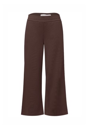 Pantalon marron à jambes larges avec une ceinture élastique, sans poches ni ornements visibles, présenté sur un fond blanc.
