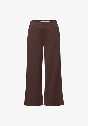 Pantaloni marroni a gamba larga con vita elastica, senza tasche visibili o decorazioni, mostrati su sfondo bianco.