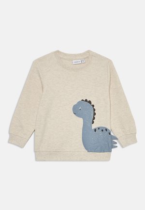 Bežová detská mikina s modrou grafikou dinosaura a čiernymi akcentmi. Vyrobená z jemného materiálu, s dlhými rukávmi a okrúhlym výstrihom.