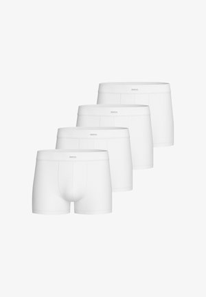 Quattro paia di boxer in cotone bianco con una finitura liscia, cinturini elasticizzati e senza motivi o disegni visibili.